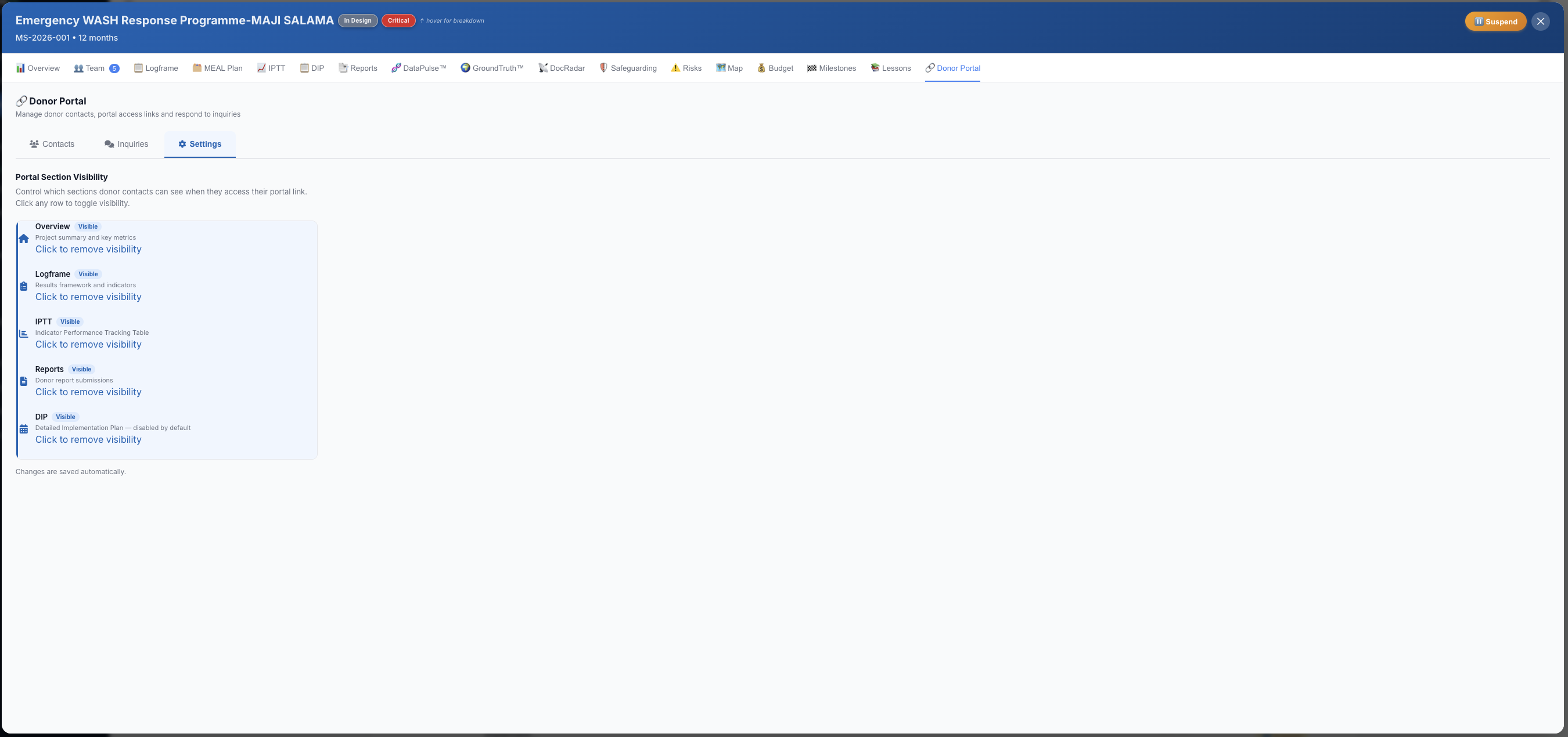 Donor portal settings screen